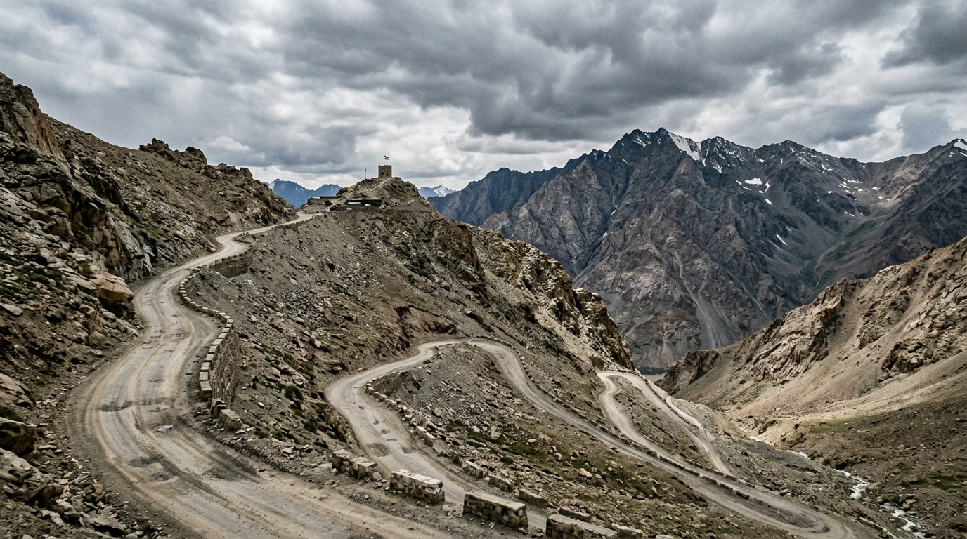 Rugged Himalayan border terrain and mountain outpost landscape