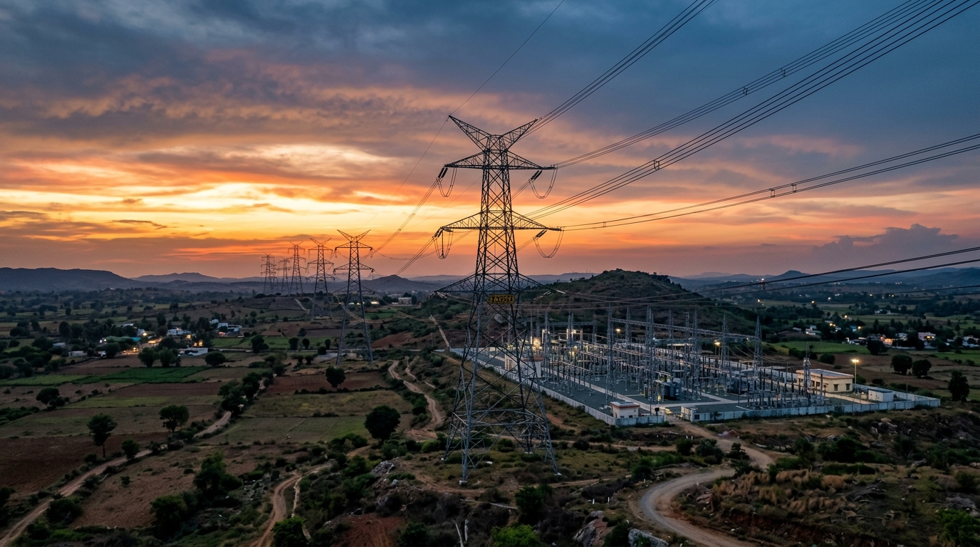 High-voltage power transmission towers and substation infrastructure