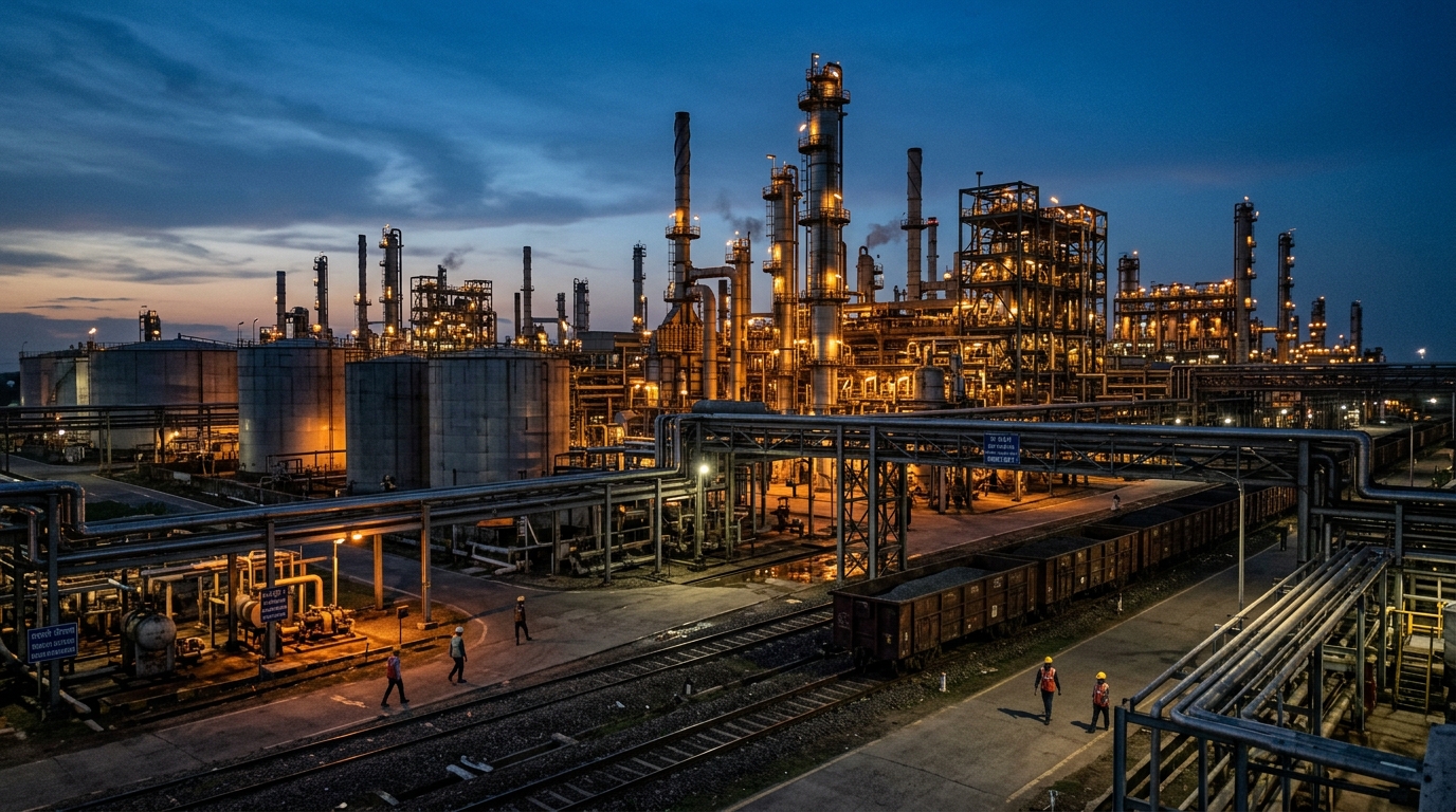 Modern petrochemical refinery and industrial manufacturing plant at dusk