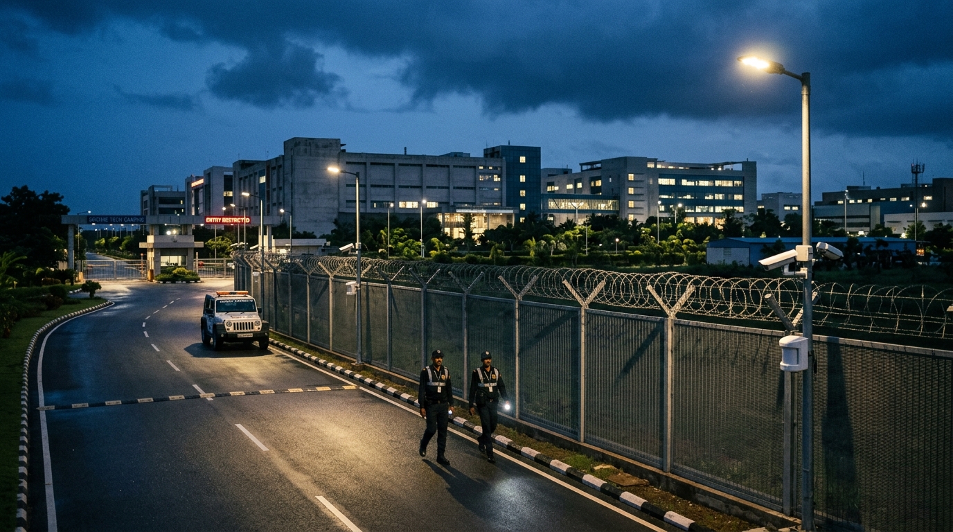 Secured industrial campus perimeter fencing and checkpoint at dusk