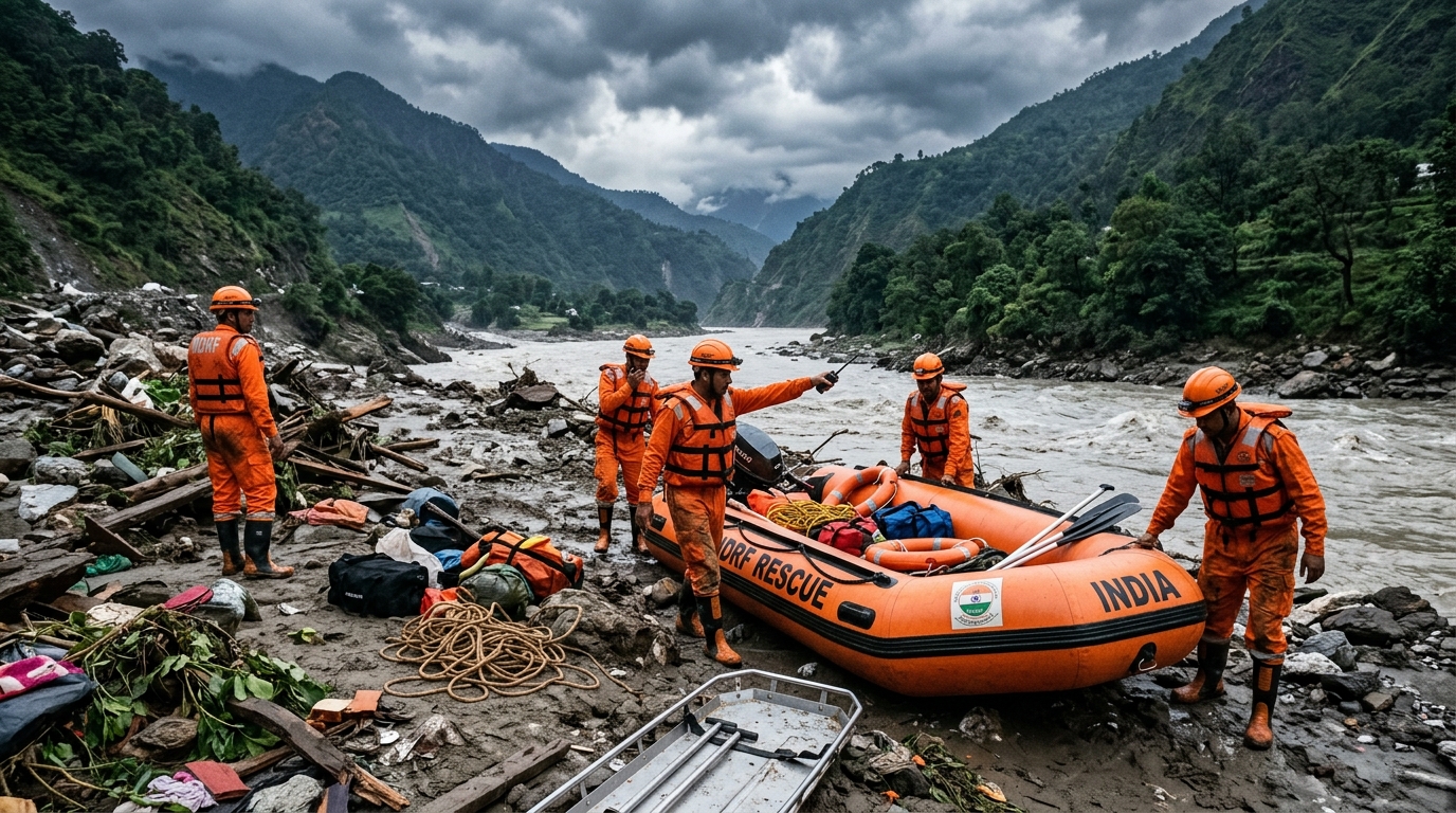 Indian search and rescue personnel operating in flood-affected terrain